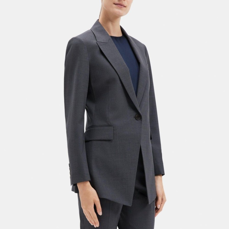 Women Theory Outlet | Single-Breasted Blazer In Stretch Wool Charcoal Melange