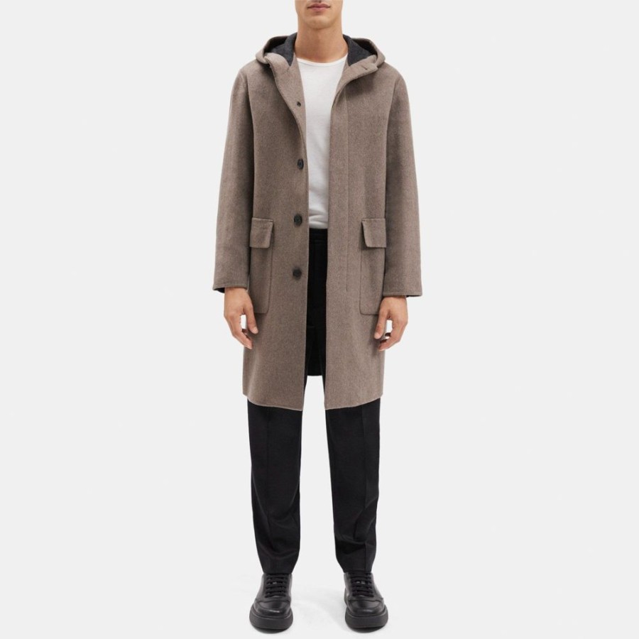 Men Theory Outlet | Hooded Coat In Double-Face Cashmere Fossil Melange/Grey Melange