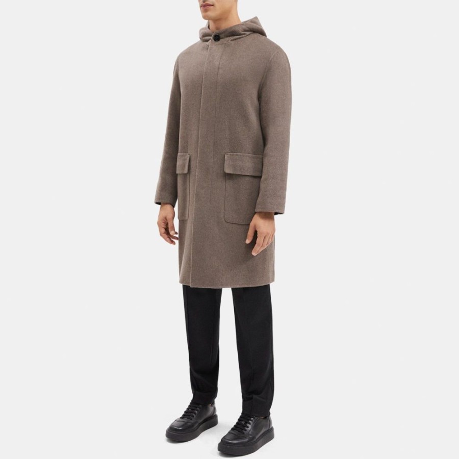 Men Theory Outlet | Hooded Coat In Double-Face Cashmere Fossil Melange/Grey Melange