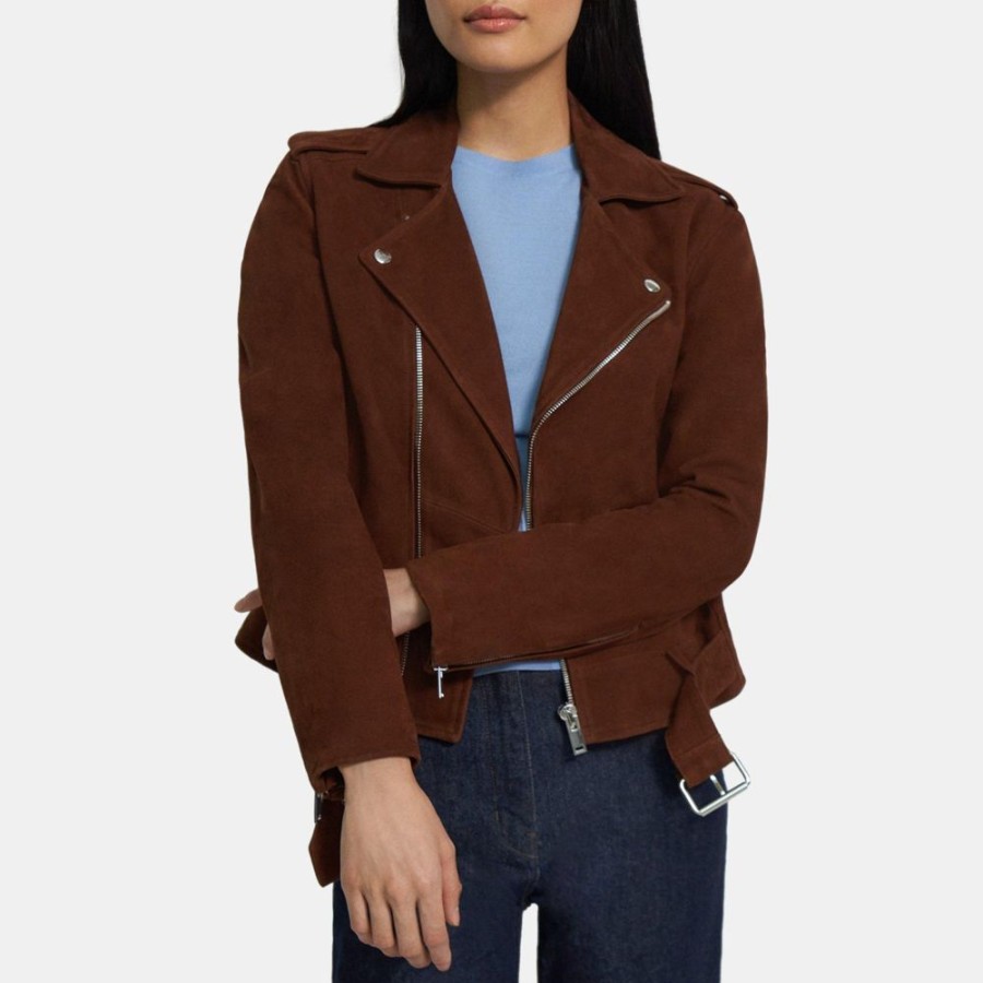 Women Theory Outlet | Casual Moto Jacket In Cotton-Bonded Suede Brandy