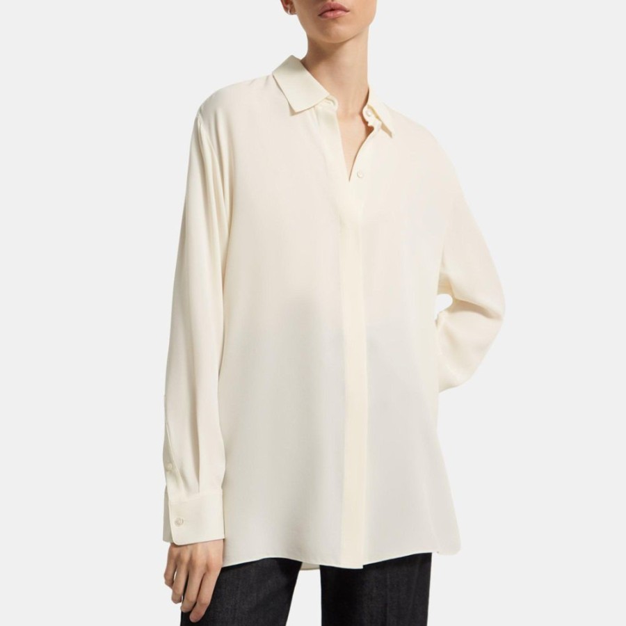 Women Theory Outlet | Menswear Shirt In Silk Georgette Ivory