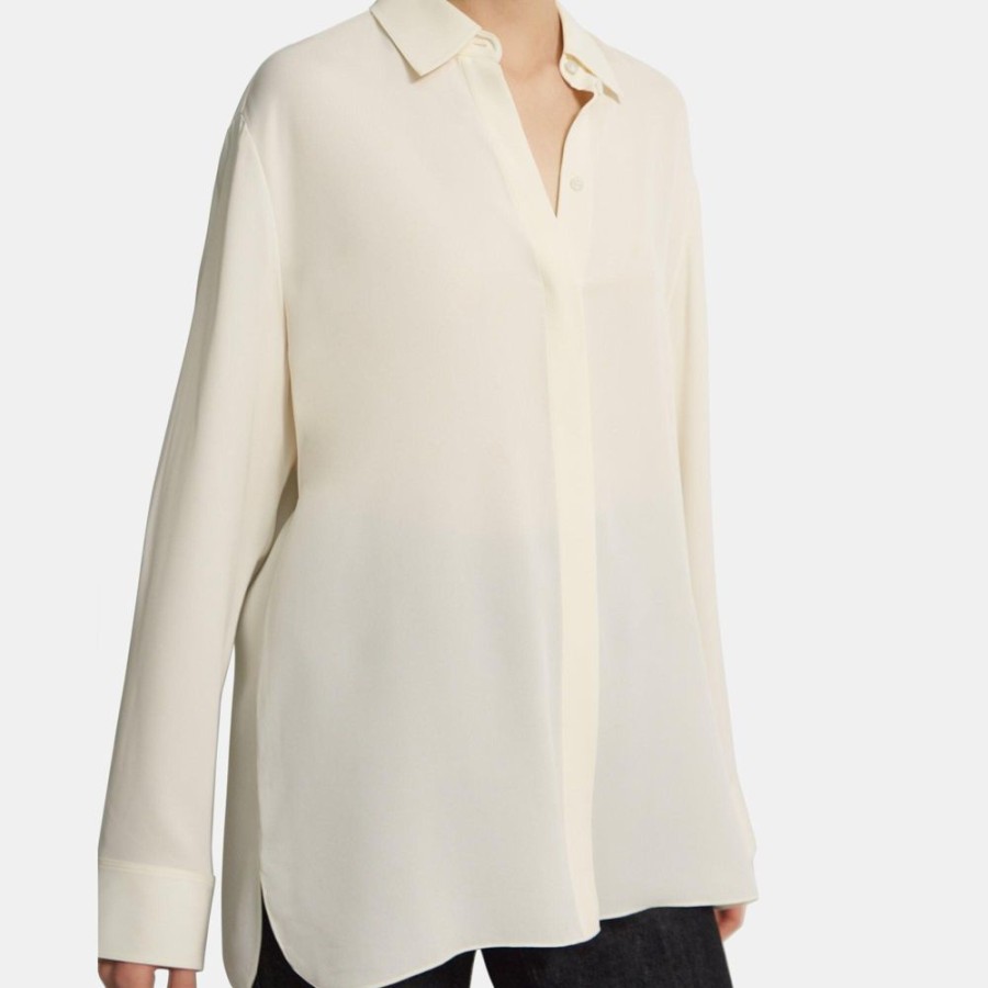 Women Theory Outlet | Menswear Shirt In Silk Georgette Ivory