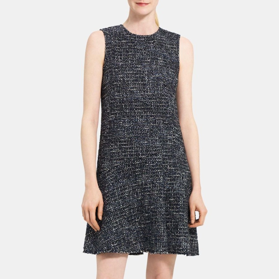 Women Theory Outlet | Asymmetrical Shift Dress In Wool-Blend Tweed Blue Multi