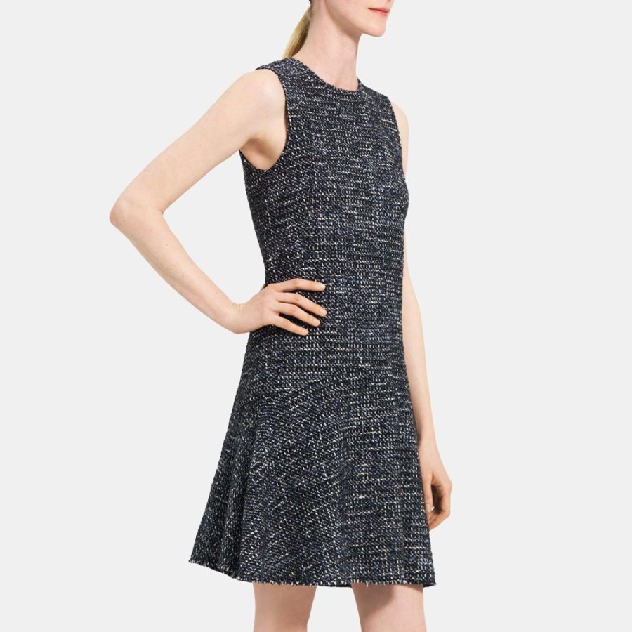 Women Theory Outlet | Asymmetrical Shift Dress In Wool-Blend Tweed Blue Multi