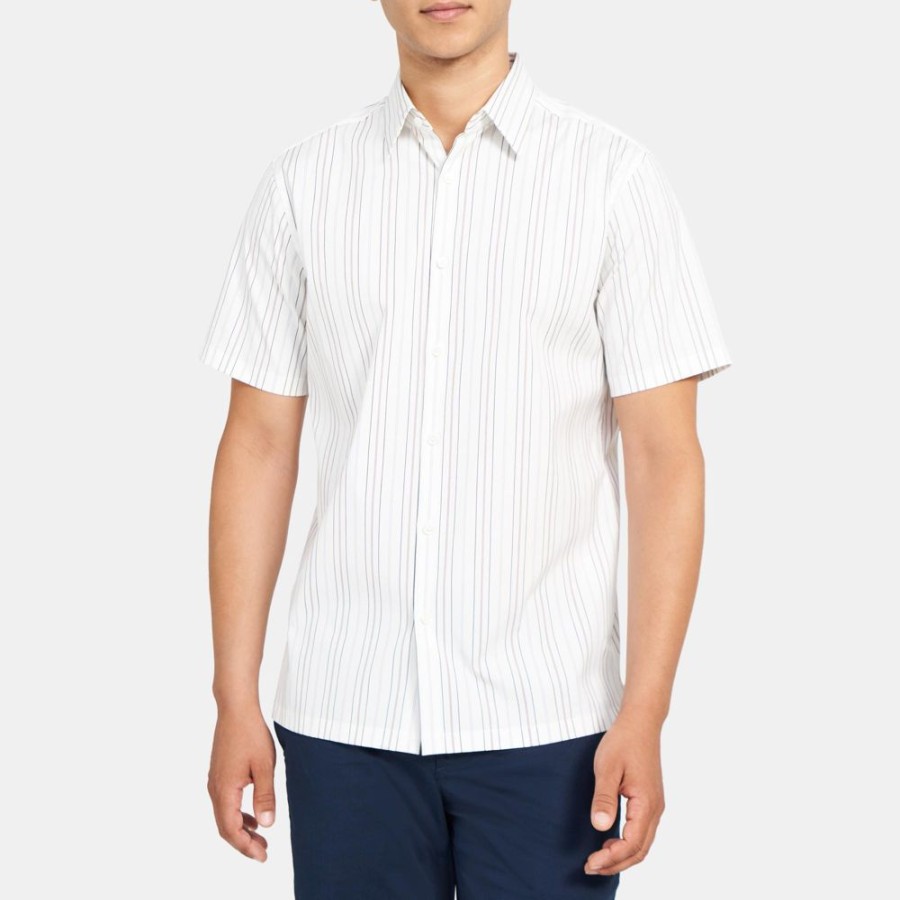 Men Theory Outlet | Standard-Fit Short-Sleeve Shirt In Striped Stretch Cotton White Multi