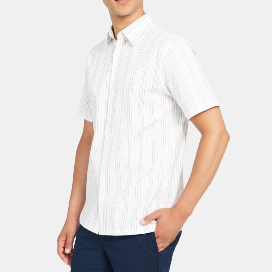 Men Theory Outlet | Standard-Fit Short-Sleeve Shirt In Striped Stretch Cotton White Multi