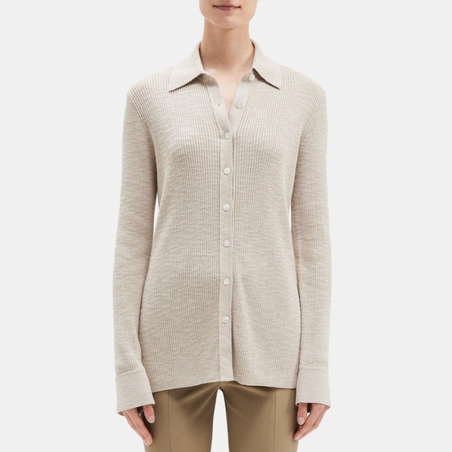 Women Theory Outlet | Rib Knit Shirt In Slub Cotton Blend Parchment