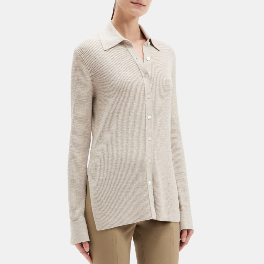 Women Theory Outlet | Rib Knit Shirt In Slub Cotton Blend Parchment