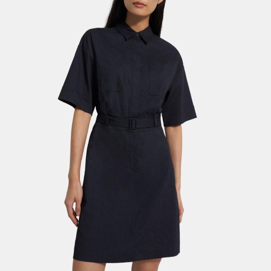 Women Theory Outlet | Belted Shirt Dress In Stretch Linen Concord