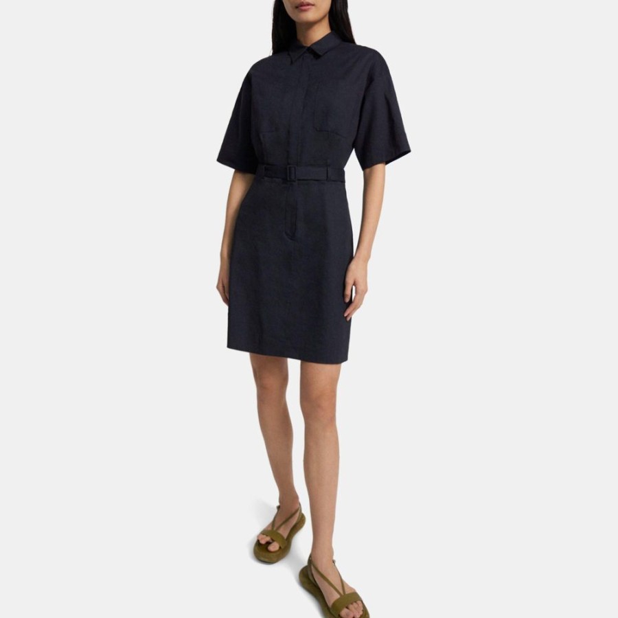 Women Theory Outlet | Belted Shirt Dress In Stretch Linen Concord