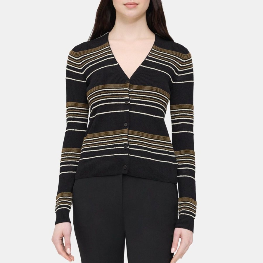 Women Theory Outlet | Striped Rib Cardigan In Viscose-Wool Black/Ecru/Willow