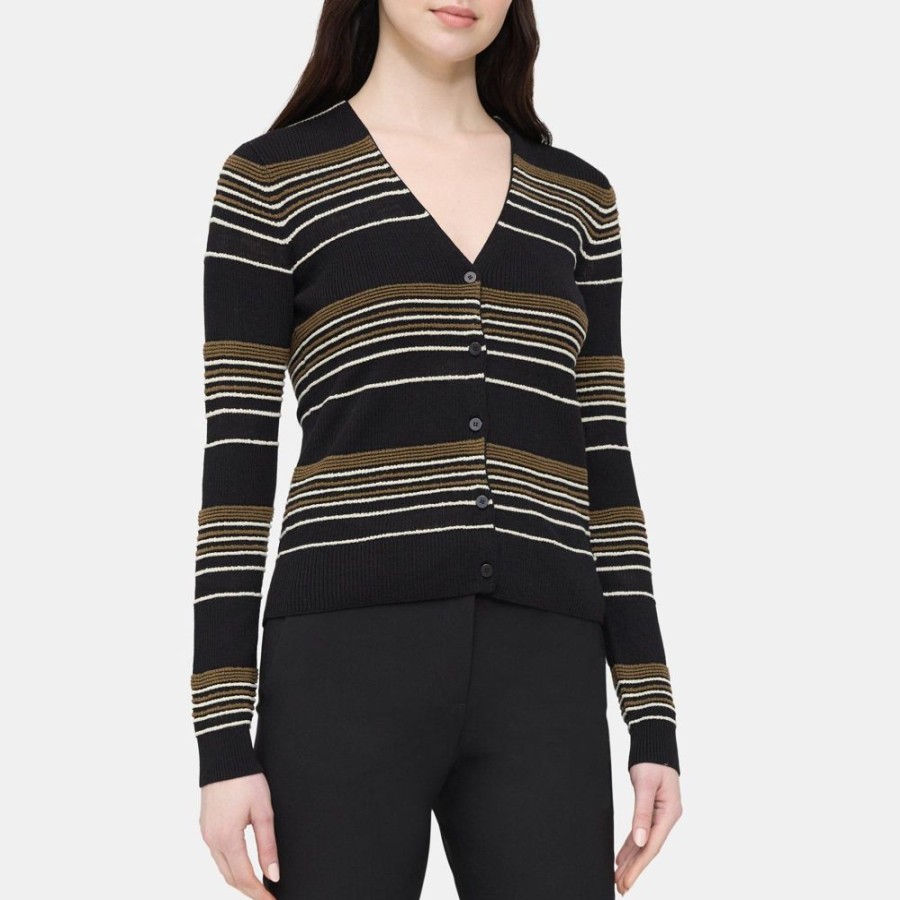 Women Theory Outlet | Striped Rib Cardigan In Viscose-Wool Black/Ecru/Willow