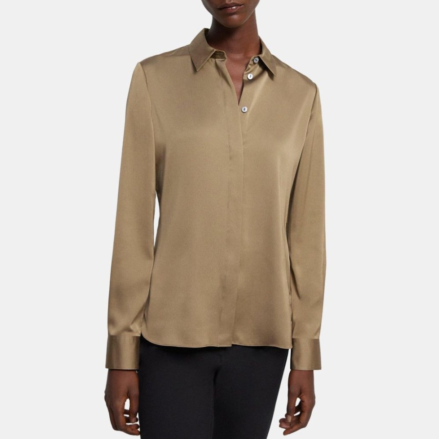 Women Theory Outlet | Fitted Shirt In Recycled Satin Dark Beige