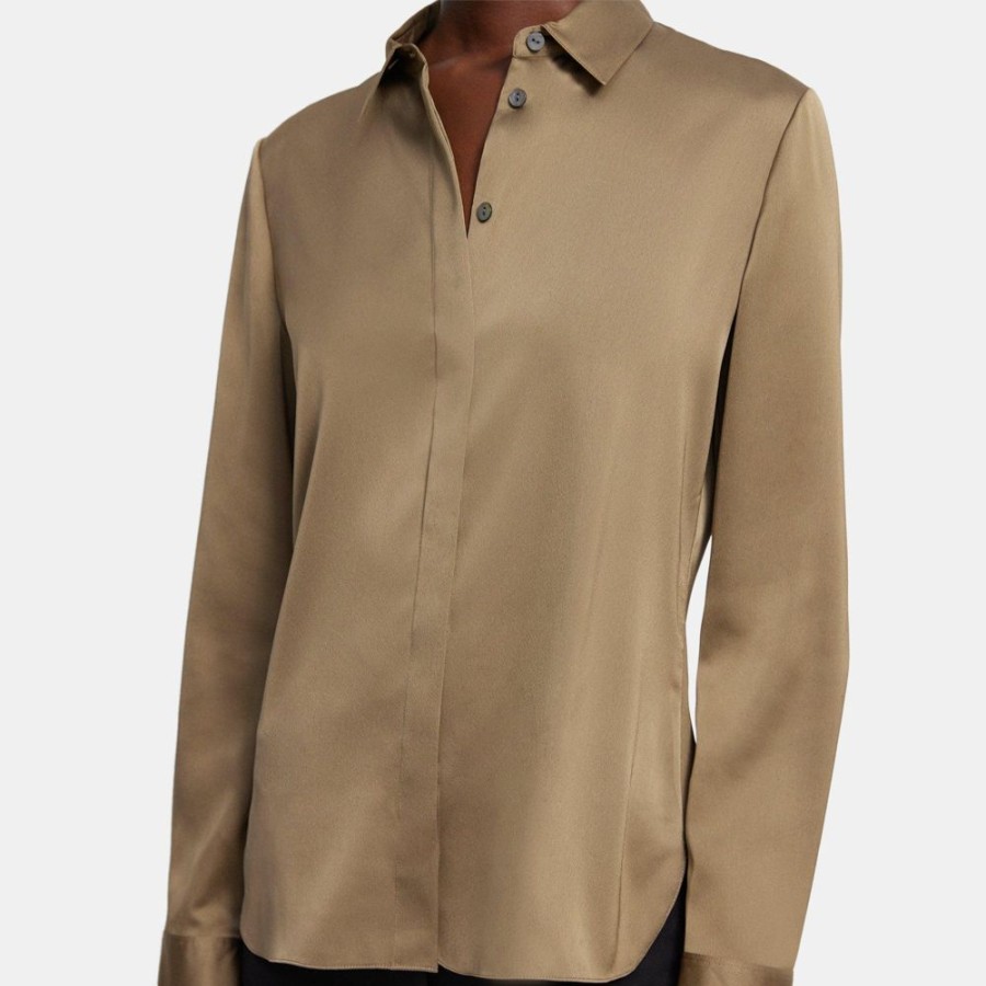 Women Theory Outlet | Fitted Shirt In Recycled Satin Dark Beige