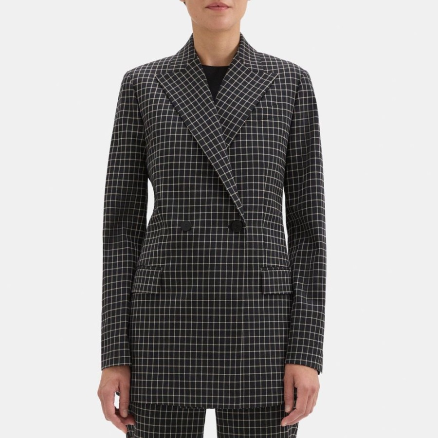 Women Theory Outlet | Double-Breasted Blazer In Stretch Wool Blend Black Multi