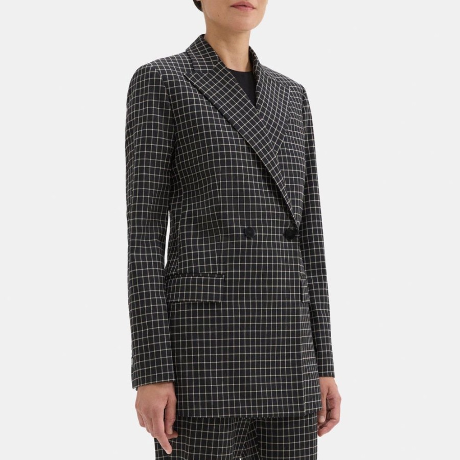 Women Theory Outlet | Double-Breasted Blazer In Stretch Wool Blend Black Multi