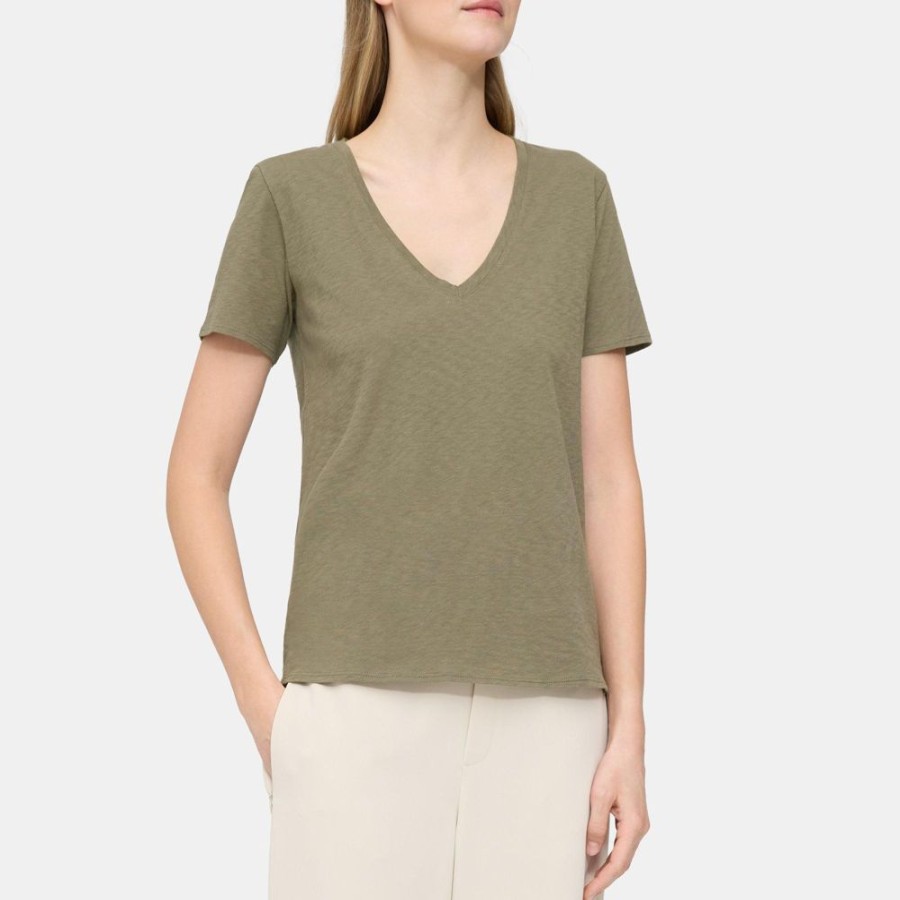 Women Theory Outlet | V-Neck Tee In Slub Cotton Dark Sage