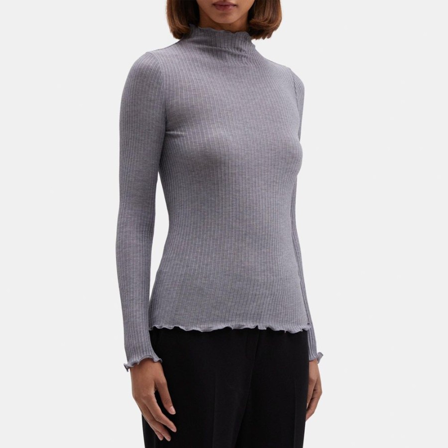 Women Theory Outlet | Funnel Neck Tee In Silk-Cotton Heather Grey