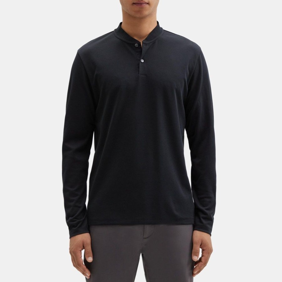 Men Theory Outlet | Long-Sleeve Henley In Cotton-Blend Pique Black