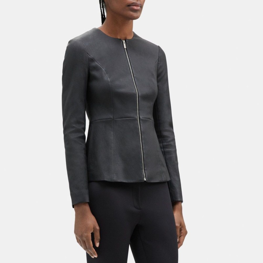 Women Theory Outlet | Peplum Jacket In Leather Black