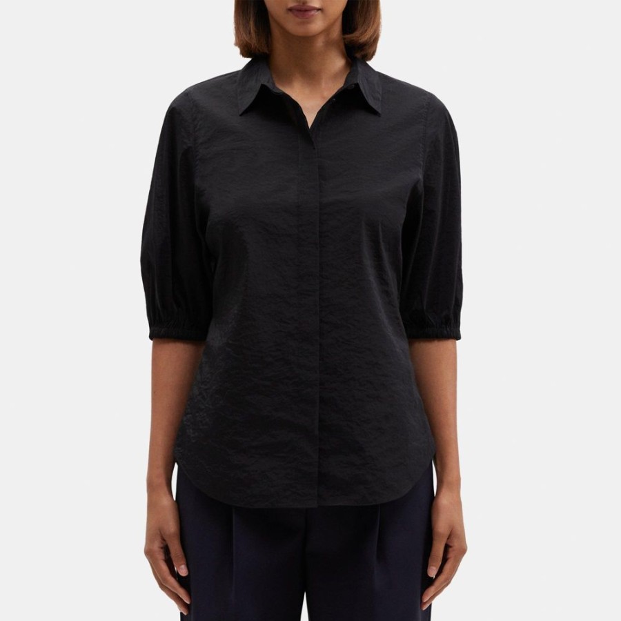 Women Theory Outlet | Cinched Short-Sleeve Shirt In Tech Taffeta Black