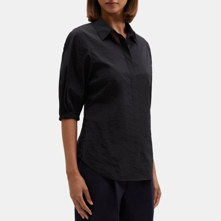 Women Theory Outlet | Cinched Short-Sleeve Shirt In Tech Taffeta Black