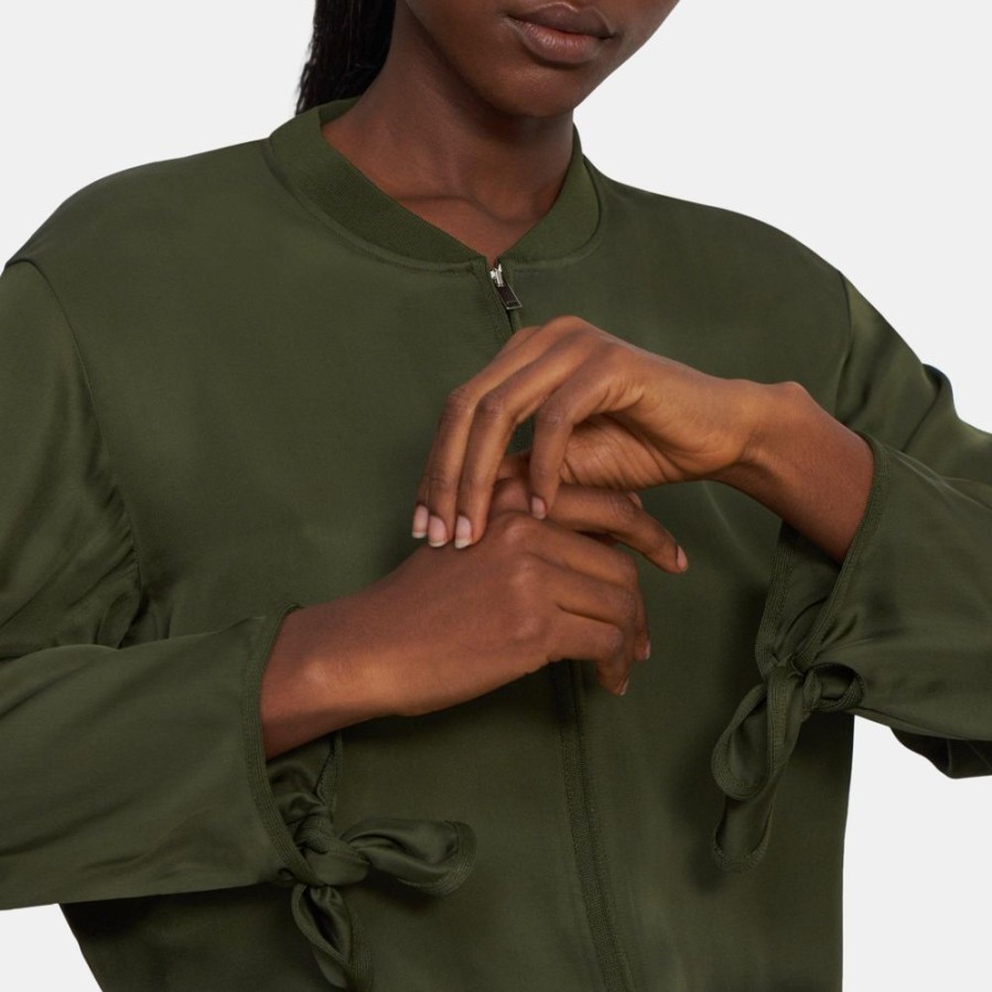 Women Theory Outlet | Tied-Sleeve Bomber Jacket In Viscose Twill Clover