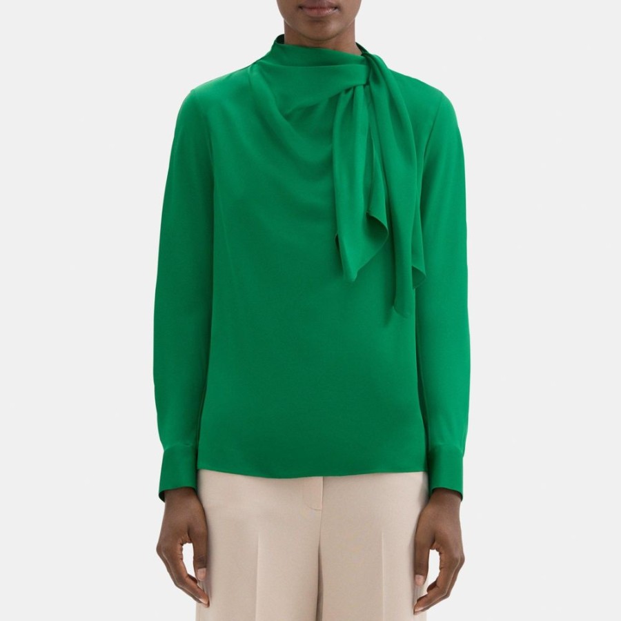 Women Theory Outlet | Twisted Scarf Blouse In Silk Georgette Emerald