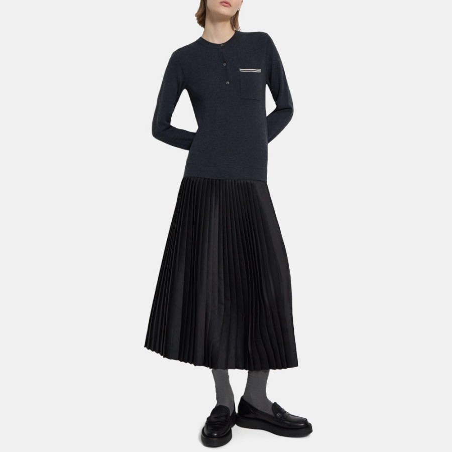 Women Theory Outlet | Knit Combo Dress Charcoal Blue/New Oatmeal/Blac