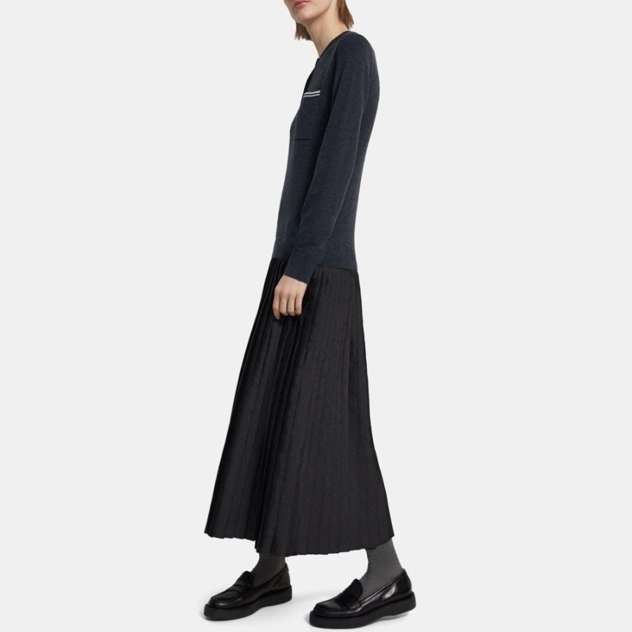 Women Theory Outlet | Knit Combo Dress Charcoal Blue/New Oatmeal/Blac