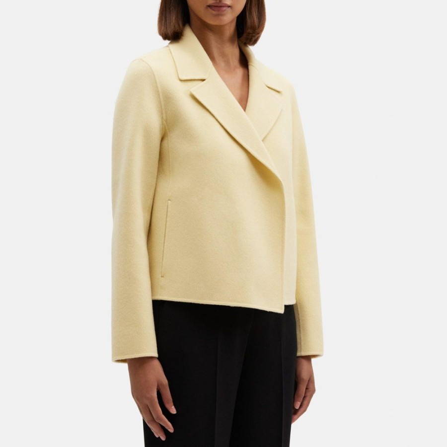 Women Theory Outlet | Cropped Open Front Jacket In Double-Face Wool-Cashmere Butter Yellow