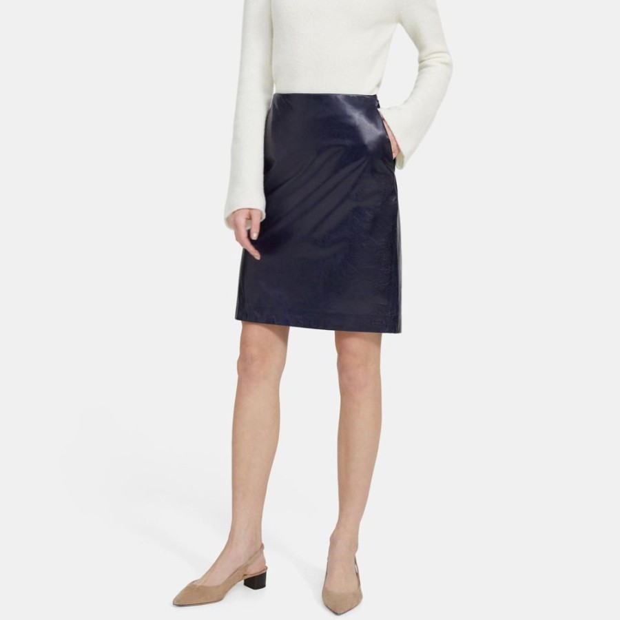 Women Theory Outlet | Clean Pencil Skirt In Leather Navy Ocean