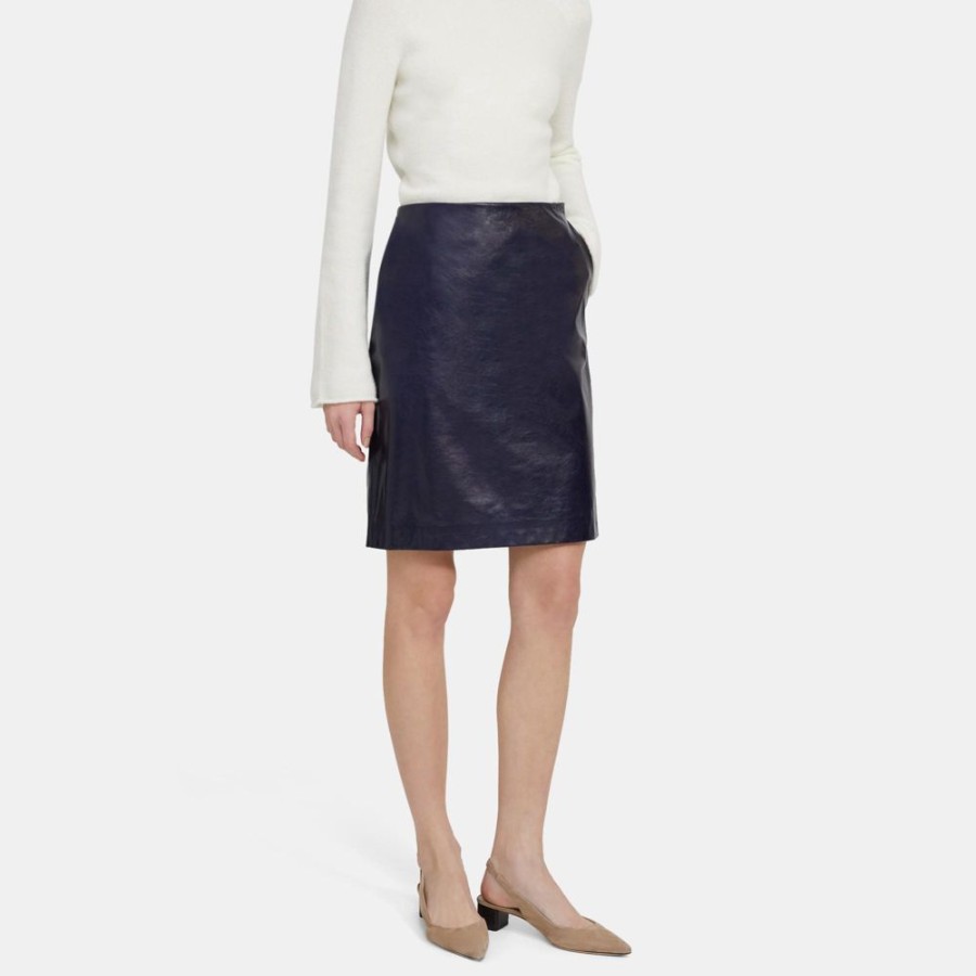 Women Theory Outlet | Clean Pencil Skirt In Leather Navy Ocean