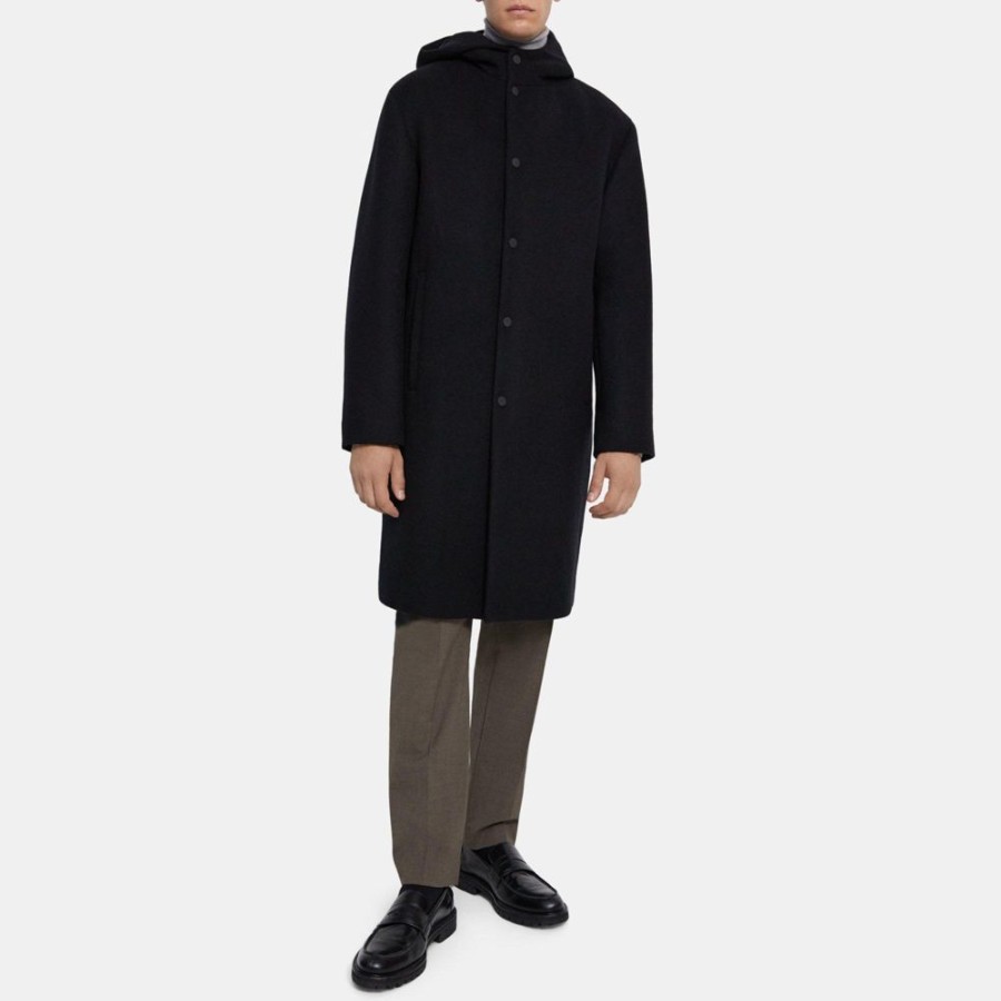 Men Theory Outlet | Hooded Coat In Recycled Wool Melton Black