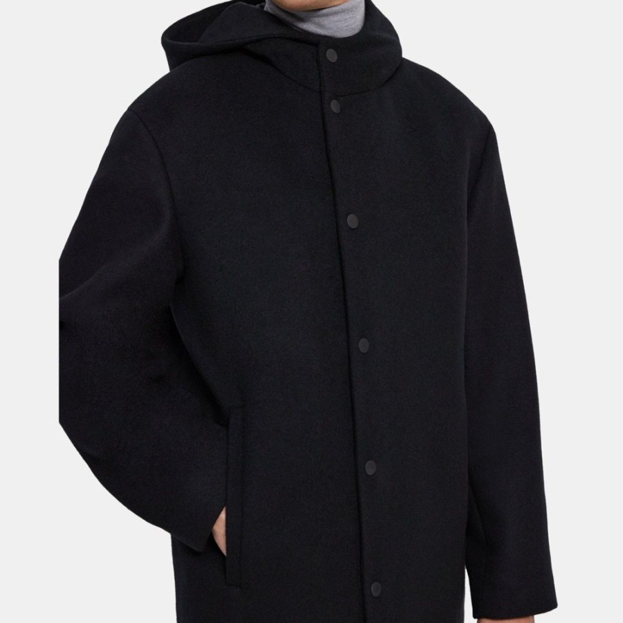 Men Theory Outlet | Hooded Coat In Recycled Wool Melton Black