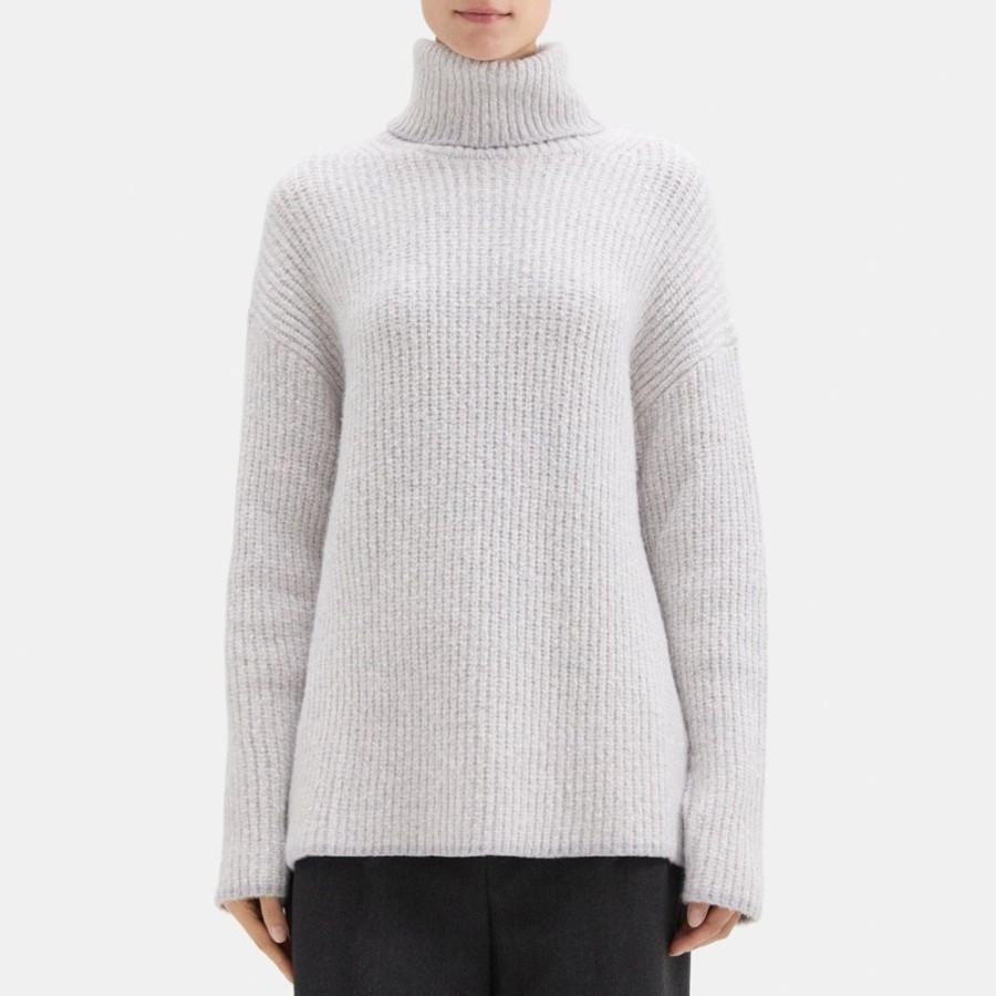 Women Theory Outlet | Ribbed Turtleneck In Knit Boucle Silver/Ivory