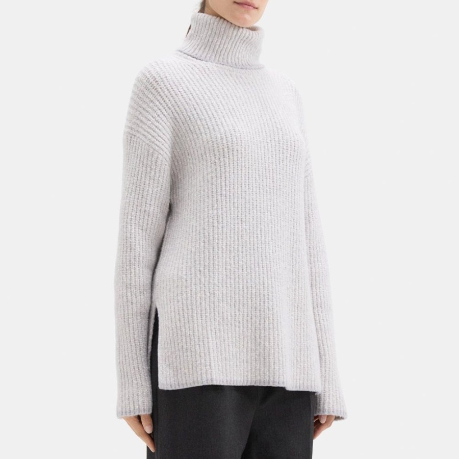 Women Theory Outlet | Ribbed Turtleneck In Knit Boucle Silver/Ivory