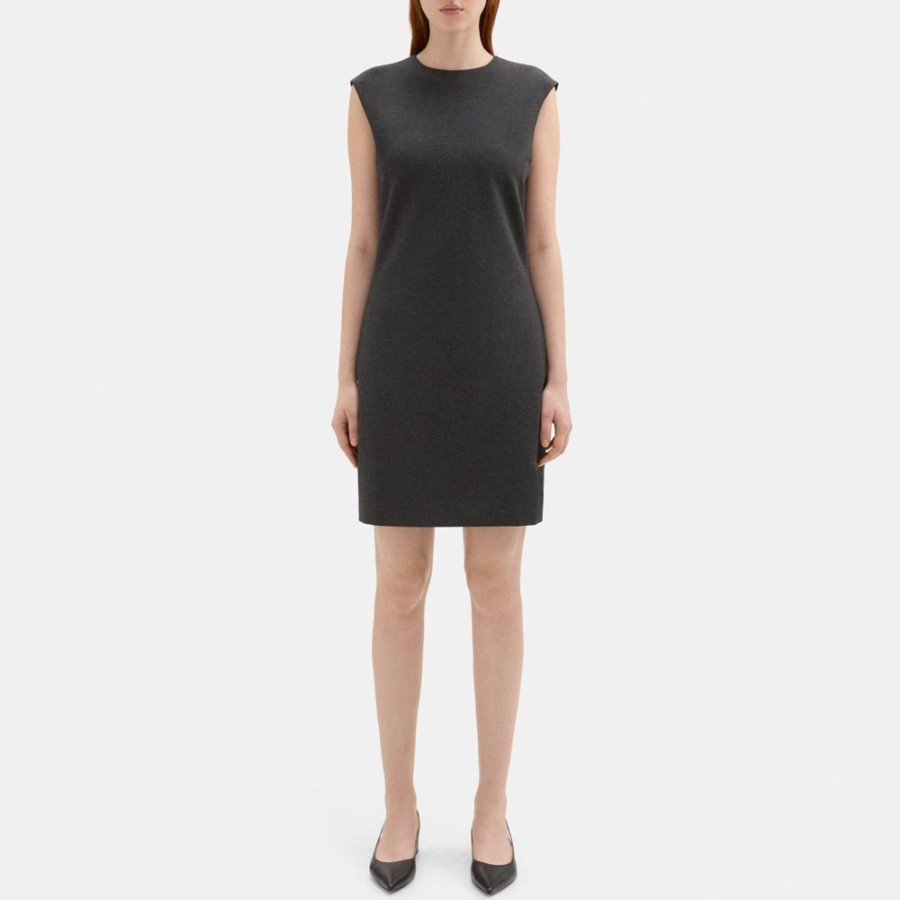 Women Theory Outlet | Cap-Sleeve Shift Dress In Heathered Knit Ponte Charcoal