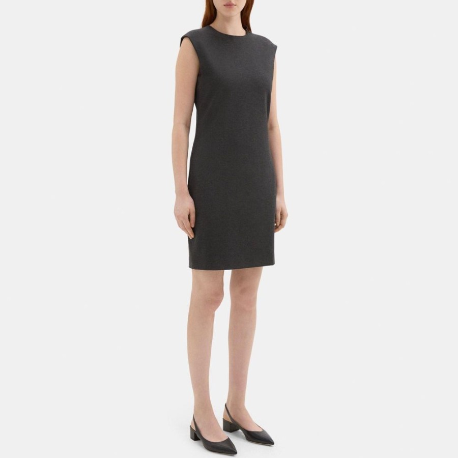 Women Theory Outlet | Cap-Sleeve Shift Dress In Heathered Knit Ponte Charcoal