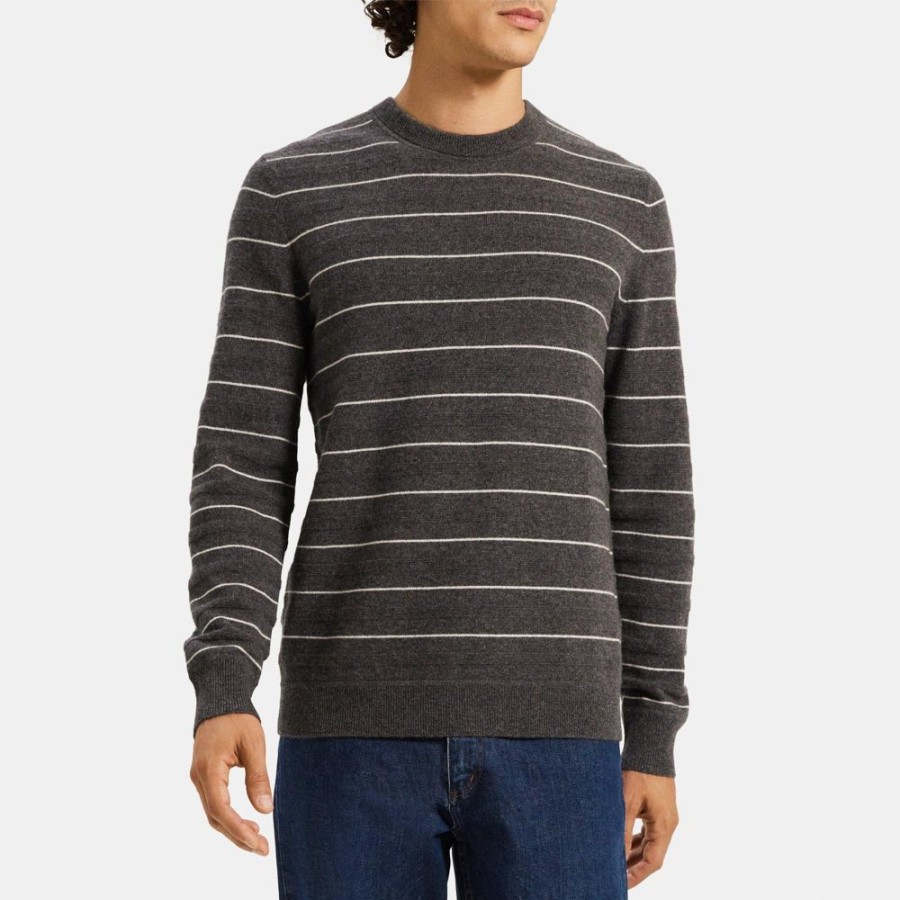 Men Theory Outlet | Crewneck Sweater In Striped Cashmere Charcoal Multi