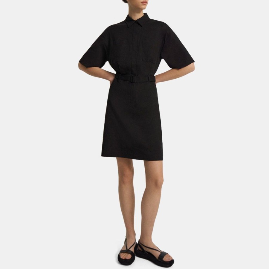 Women Theory Outlet | Belted Shirt Dress In Stretch Linen Black