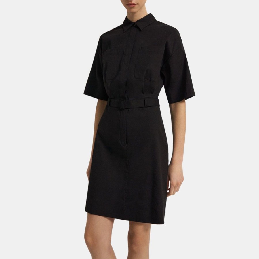 Women Theory Outlet | Belted Shirt Dress In Stretch Linen Black