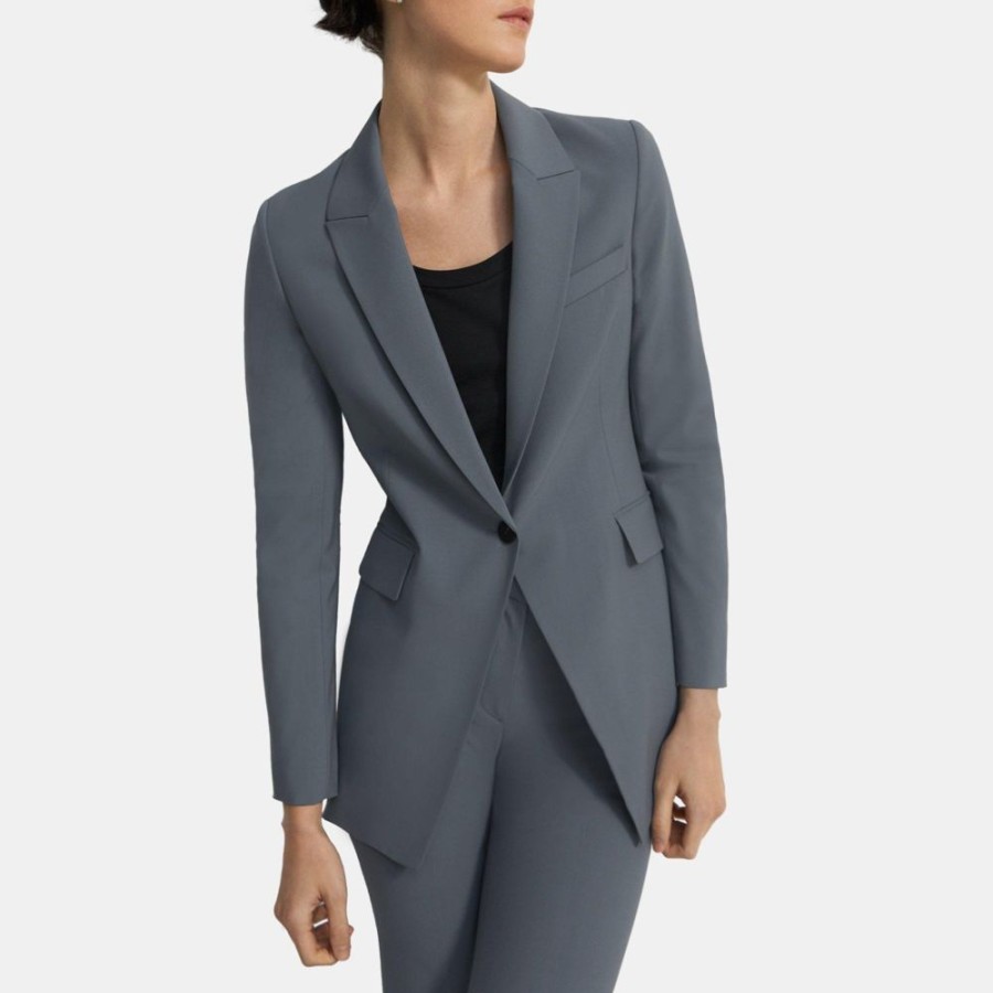 Women Theory Outlet | Single-Breasted Blazer In Stretch Wool Blue Granite