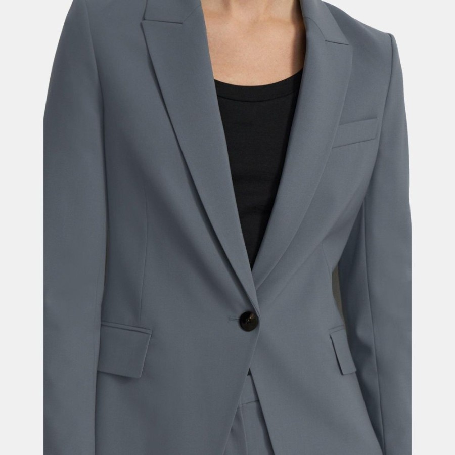 Women Theory Outlet | Single-Breasted Blazer In Stretch Wool Blue Granite