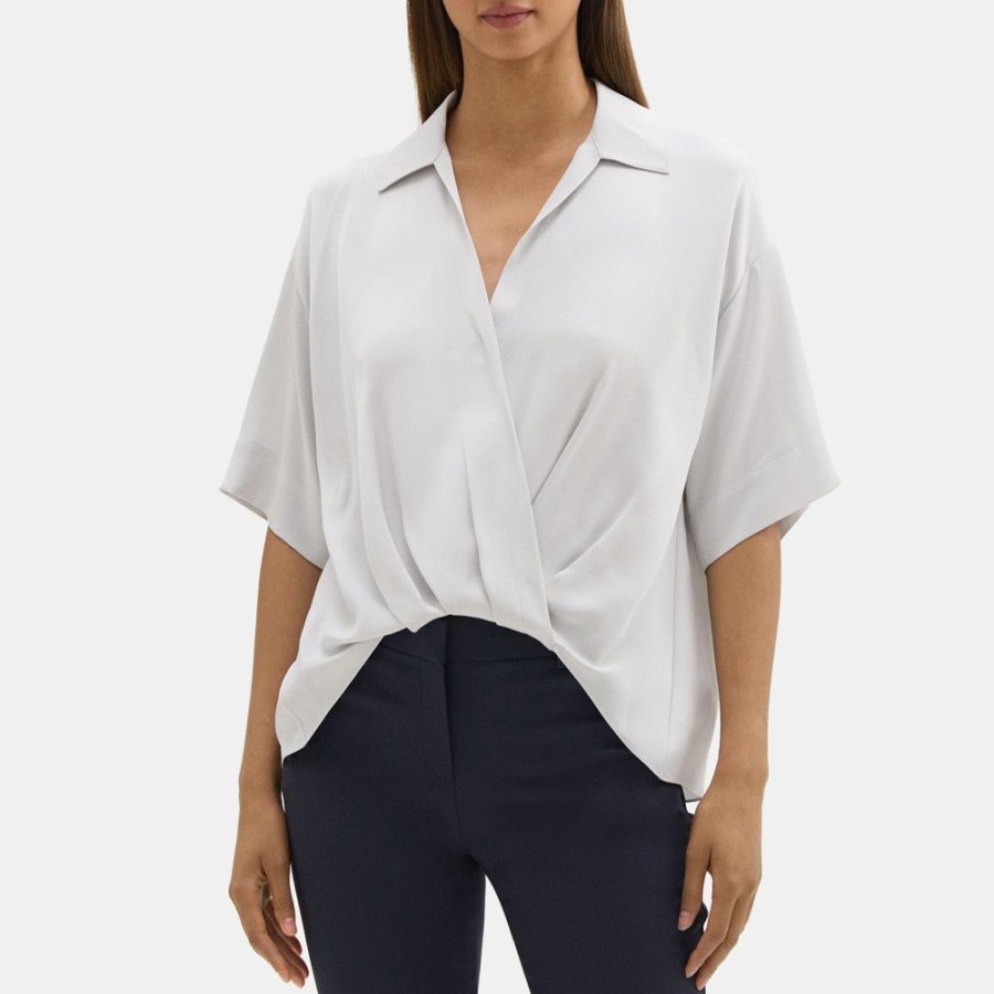 Women Theory Outlet | Twisted Short-Sleeve Blouse In Silk Georgette Lunar Rock