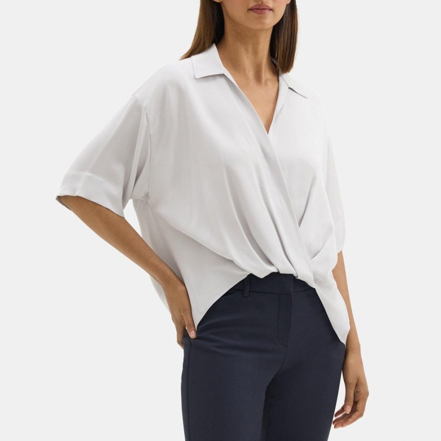 Women Theory Outlet | Twisted Short-Sleeve Blouse In Silk Georgette Lunar Rock