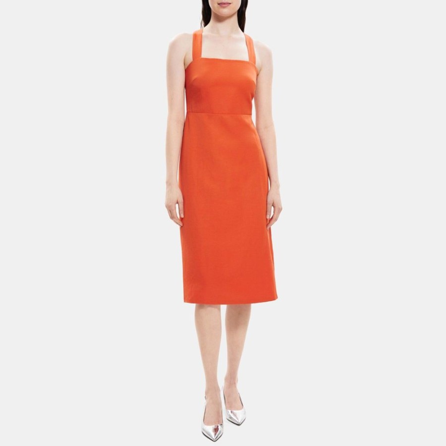 Women Theory Outlet | Crossback Dress In Linen-Blend Dark Coral