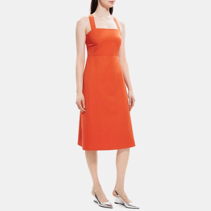 Women Theory Outlet | Crossback Dress In Linen-Blend Dark Coral