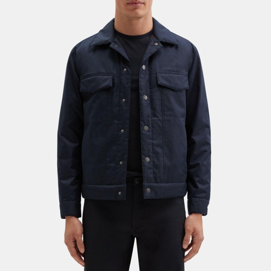 Men Theory Outlet | Trucker Jacket In Laminated Flannel Eclipse Melange