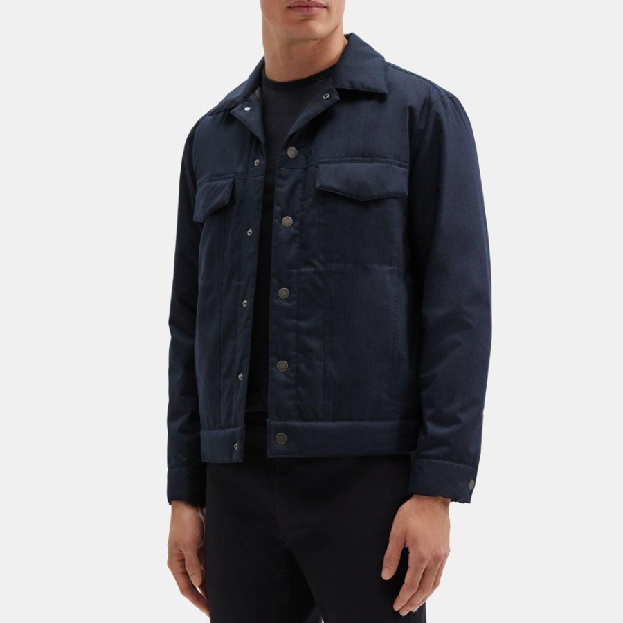 Men Theory Outlet | Trucker Jacket In Laminated Flannel Eclipse Melange